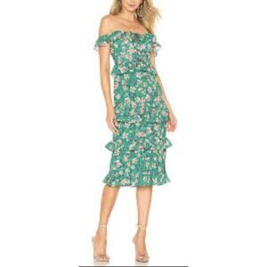 Tularosa Lily Midi Dress Women XS Kelly Green Floral Off The Shoulder Tiered